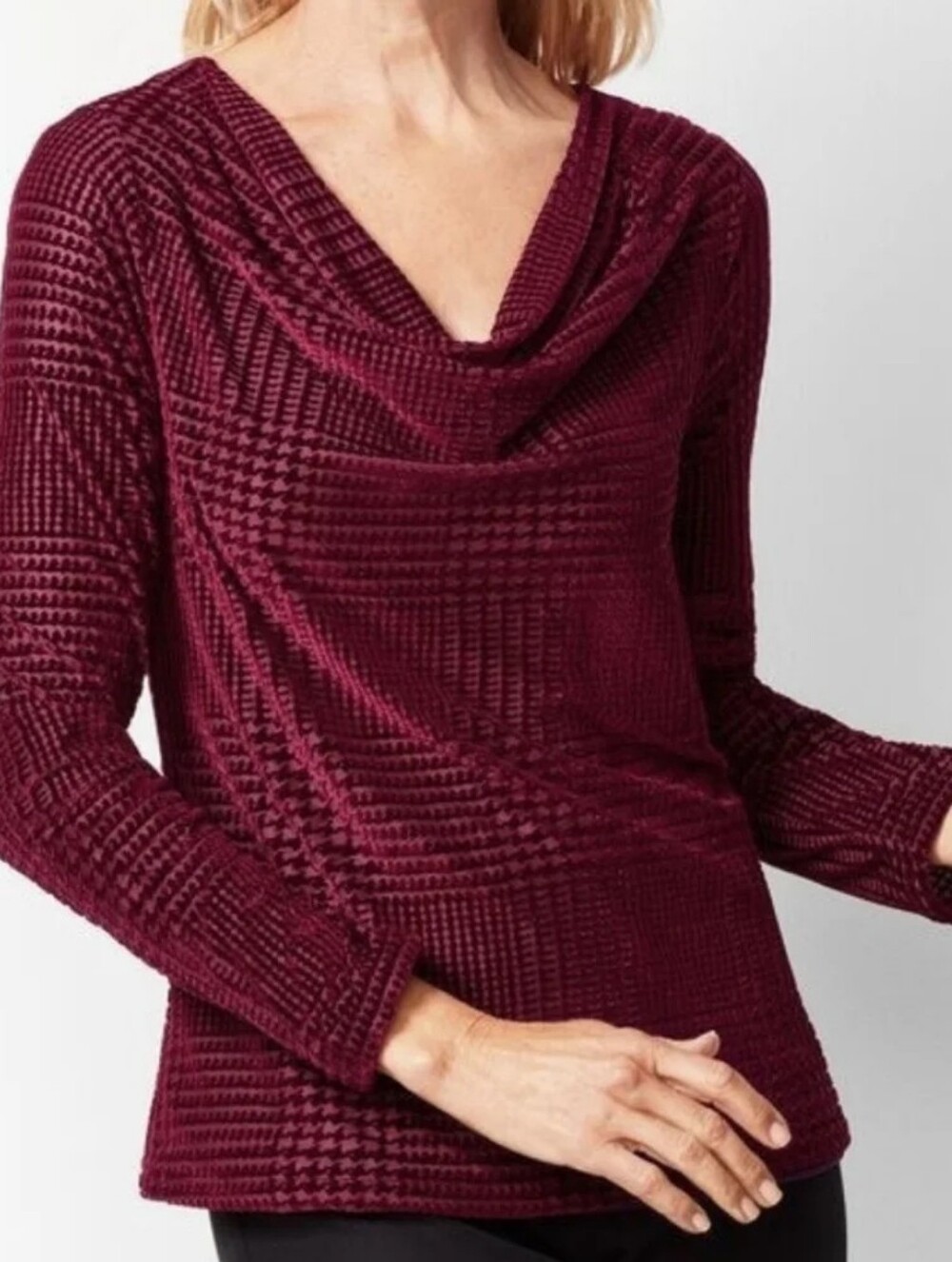 Talbots Burnout Velvet Houndstooth Burgundy Red Sheer Cowl Neck Top Large